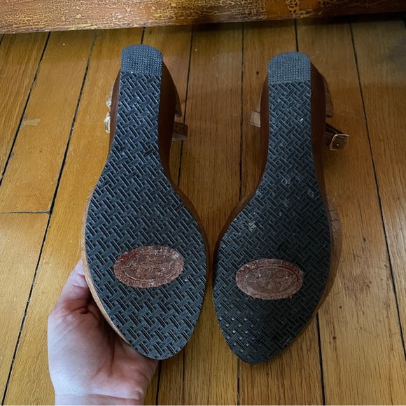 Salpy Handmade embossed Snakeskin Peep Toe Wood Wedge ankle strap sandals 6.5 - Picture 6 of 8